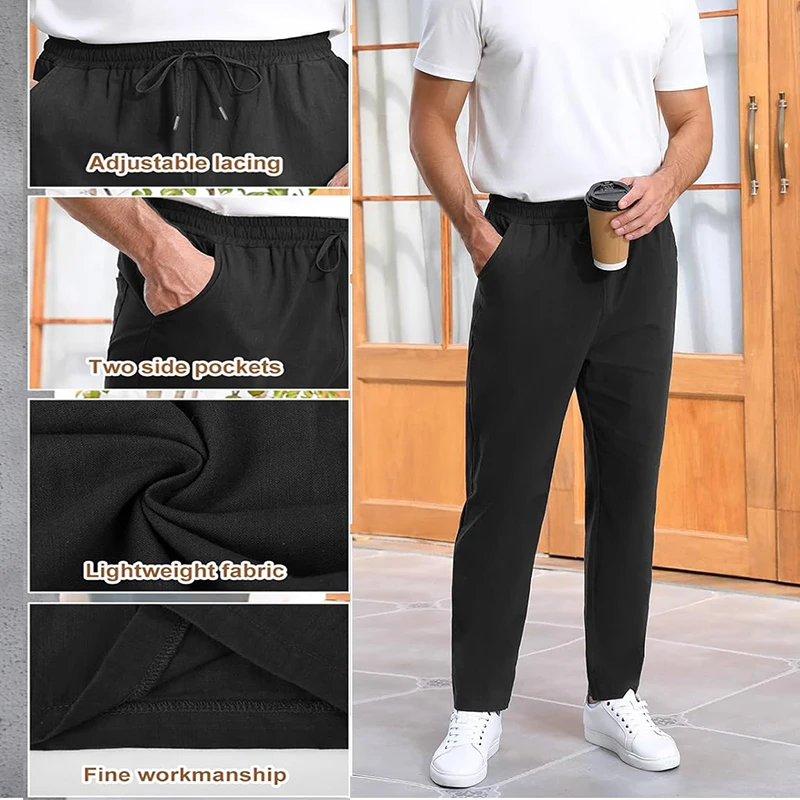 New Men\'s Lightweight Long Pants Summer Loose Fit Trousers for Holidays Breathable Linen Streetwear Men Fitness Sweatpants