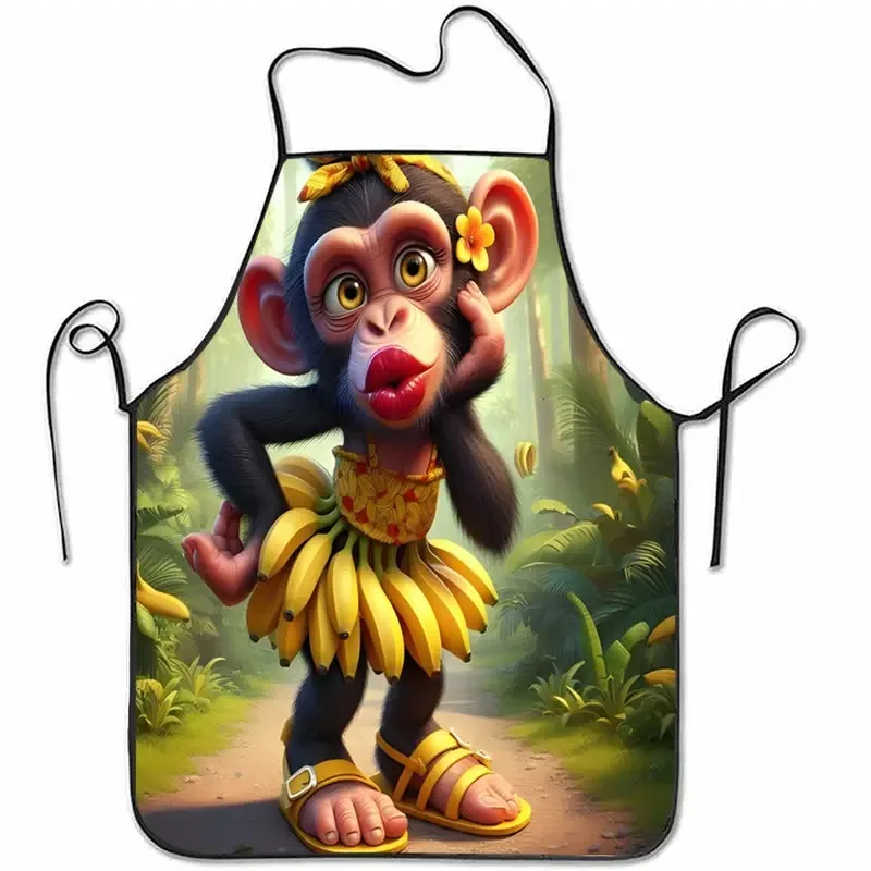 1 Fun Monkey Apron with Banana Print - Big Expressive Eyes, Non-Slip Design, Durable Polyester Fiber Fabric Unisex Monkey-face