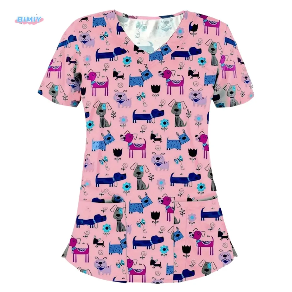 Uniforms for Nurses Summer Clothes Women Nurse Scrub Top Durable Easy-Care with Animal Print & Practical Pockets Nurse Uniform