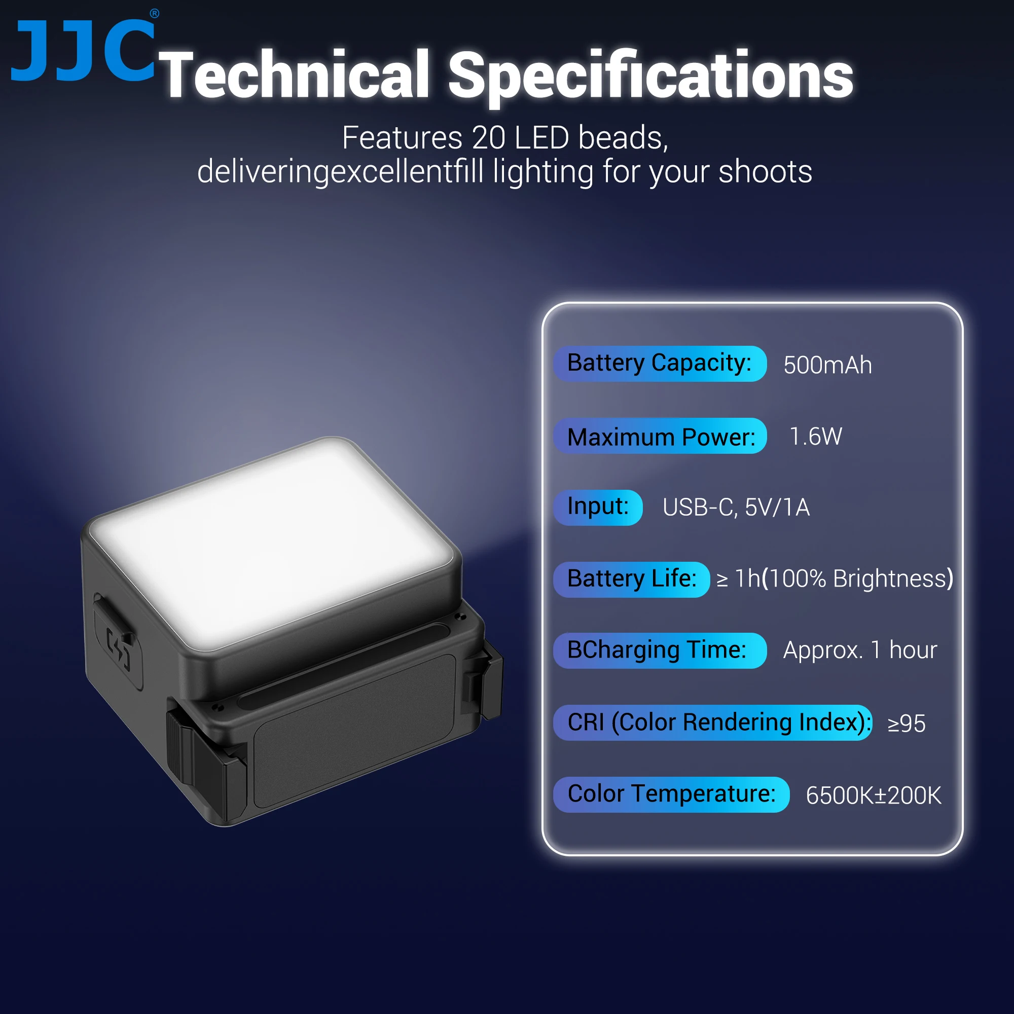JJC Video Vlog Light for DJI Osmo Action 5 Pro LED Light for DJI Action 4 3 Fill Light IPX5 Waterproof Selfie Light 500mAh