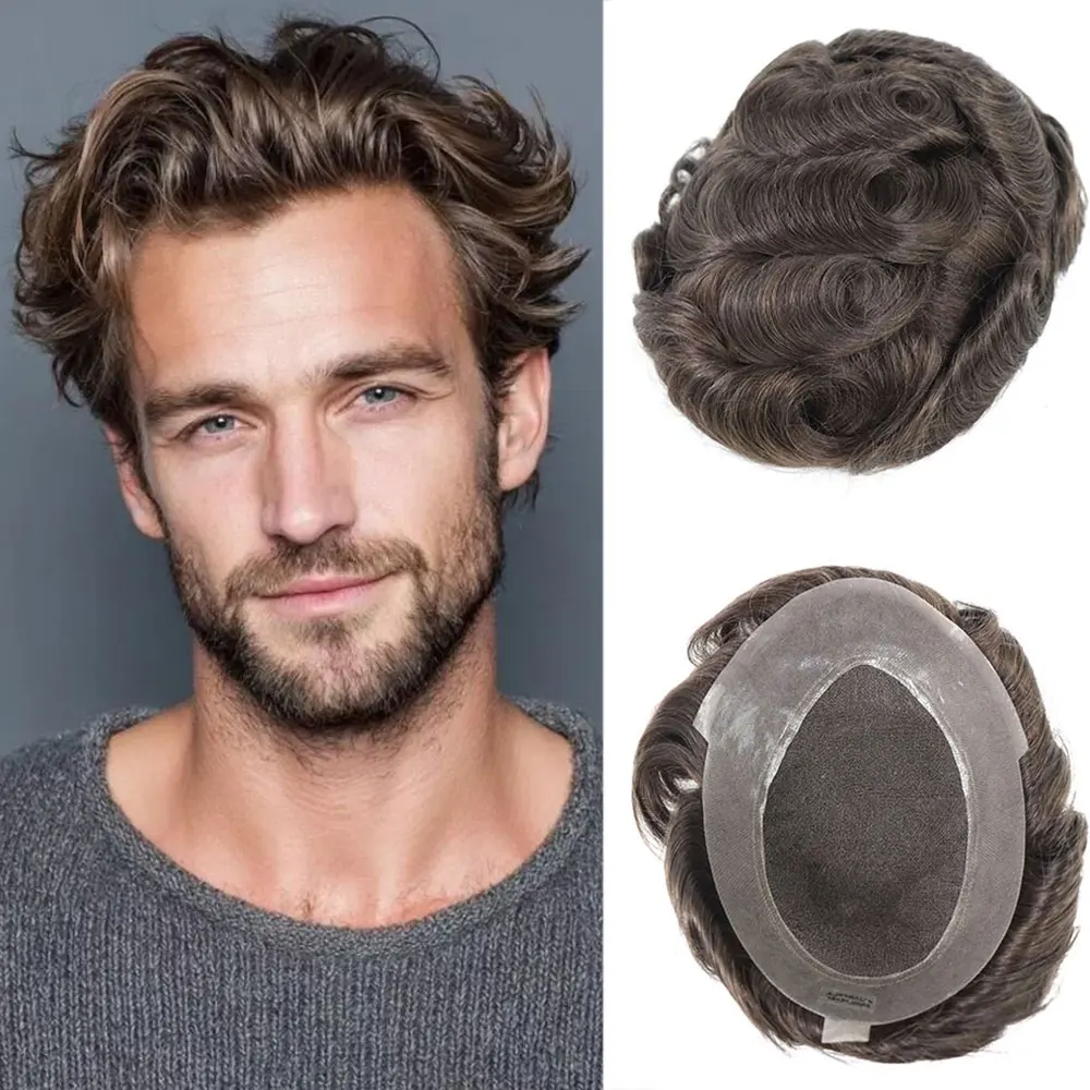 16x24 سنتيمتر البني أستراليا قاعدة الرجال الشعر المستعار شعر الإنسان تنفس الدانتيل مع بولي PU قطعة شعر غير مرئية الرجال الشعرية الاصطناعية 130%