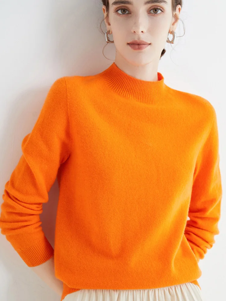 Women\'s Sweaters Pullovers 100% Merino Wool Knitwear Mock Neck Basic Casual Cashmere Autumn Winter Comfortable Clothing Tops New