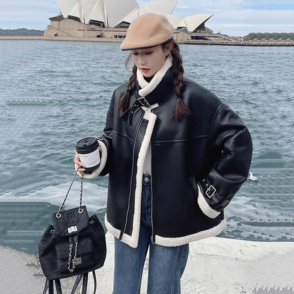 Lady Fashion PU Leather Jackets Women Lambswool Collar Coat Zipper Winter Jacket Female Long Sleeve Elegant Faux Leather Outwear