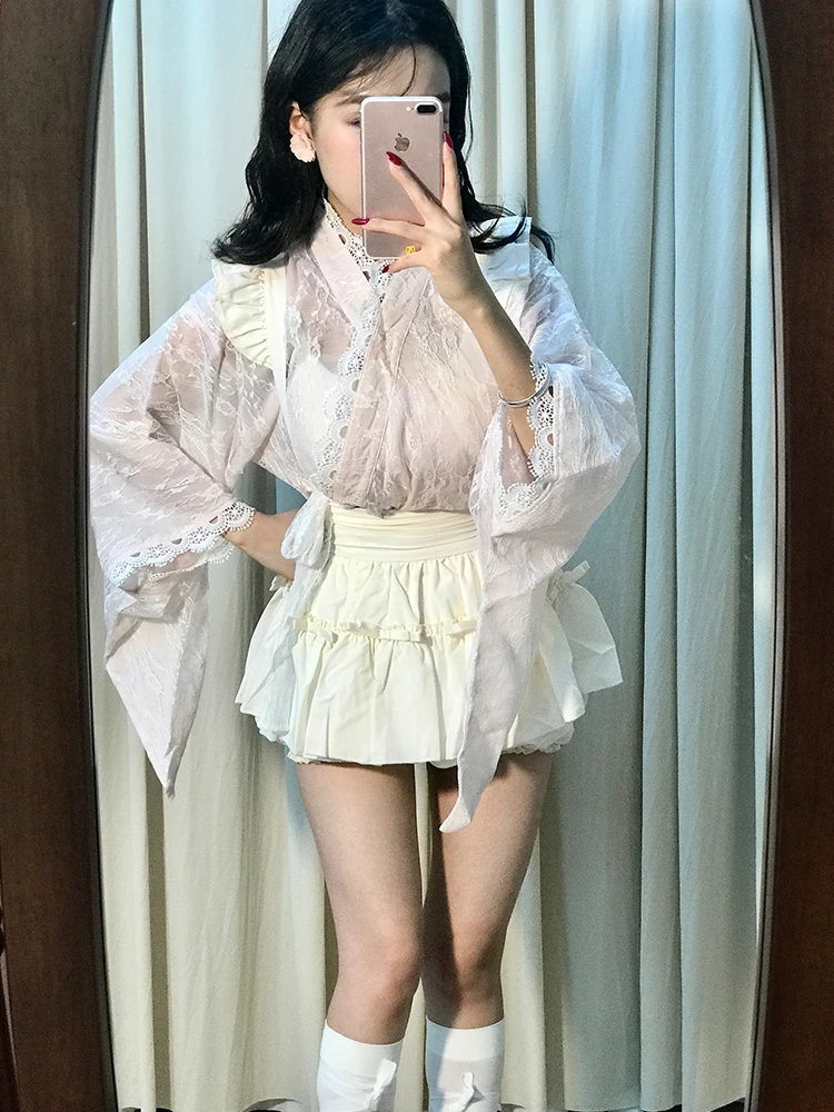 Japanisches SLE-Maidsuit-Set, hohe Taille, Overall, lange Swe-Spitze, weiches süßes Top, Bot, zweiteiliges Set für Damen, Herbst, Faion