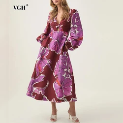 VGH Elegant Printing Slimming A Line Dress For Women Deep V Neck Long Sleeve High Waist Temperament Dress Female Fashion Style