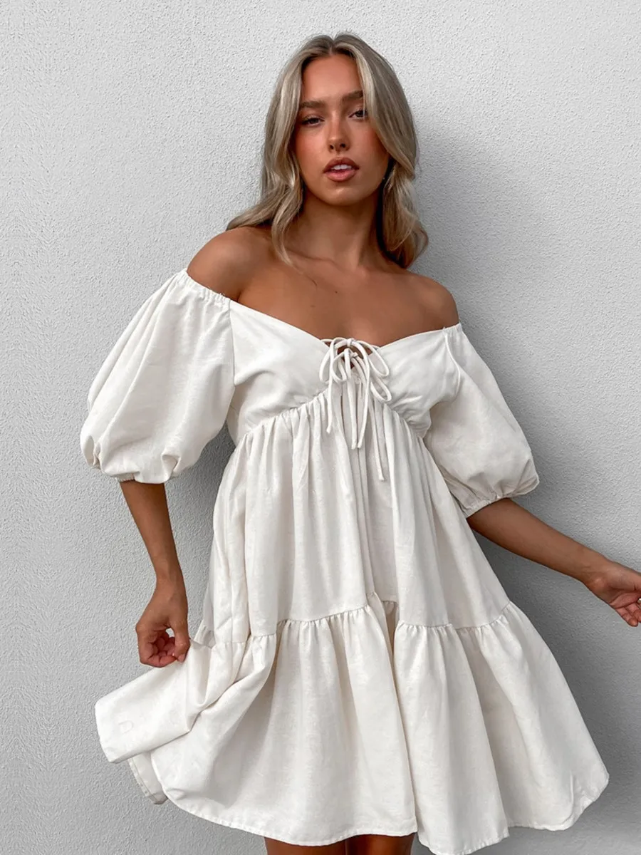 

Summer New Solid Color Mini Dress 2024 Women V Neck Strapless Short Sleeve Lace-up A-line Vestidos Simple Fashion Dresses Lady