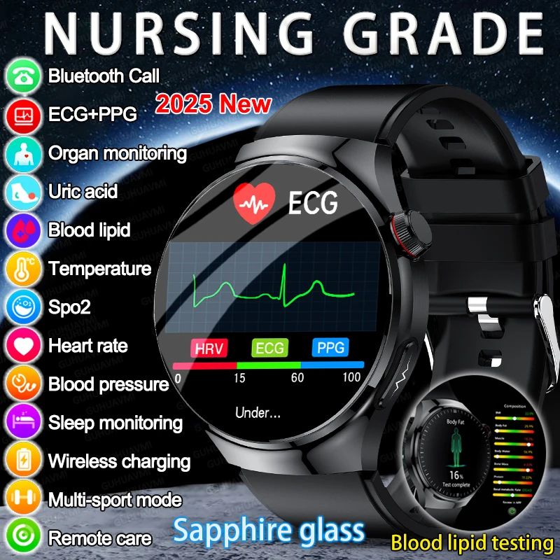 2026 Neue physikalische Analyse Gesundheit EKG + PPG Smart Watch Lipiden Harnsäure Blutdruck Gesundheitsuhr Männer NFC Anruf Saphiruhr