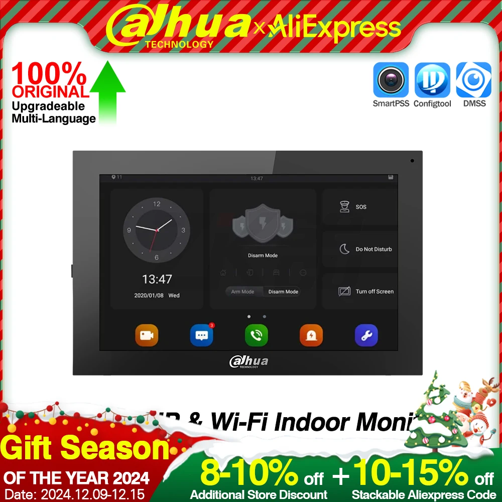 Dahua VTH5341G-W Android 10-inch 1024*600 Touch Screen Digital WIFI PoE IP Indoor Monitor 2-Way Audio Intercom RS-485 Alarm I/O