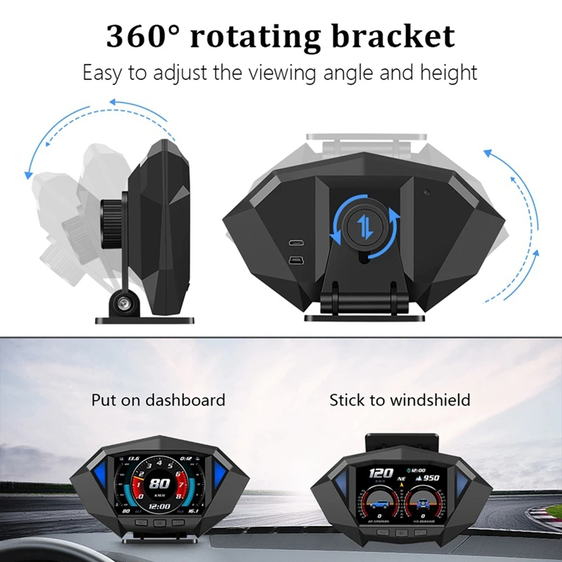 P1 Car Heads Up Display OBD2 GPS Auto On-Board Computer Security Alarm Water Temp Fuel Consumption HUD Inclinometer