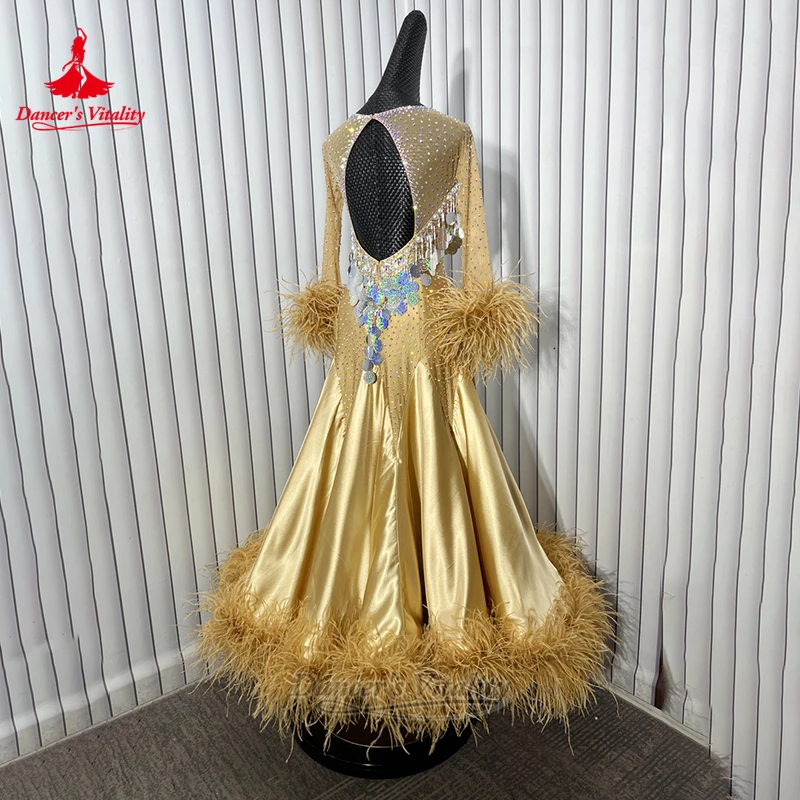 الكبار والطفل الرقص الاجتماعي الترتر الديكور ريشة نمط كبير سوينغ فساتين مخصصة النساء الفالس أداء الملابس حيوية الراقصة