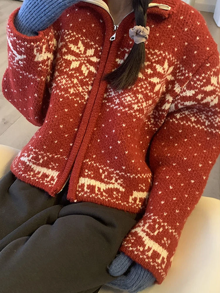 Śnieżynka sweter z dzianiny kobiety japoński Vintage Harajuku krótki kardigan kobiety jesień zima na co dzień dzianina z zamkiem błyskawicznym i