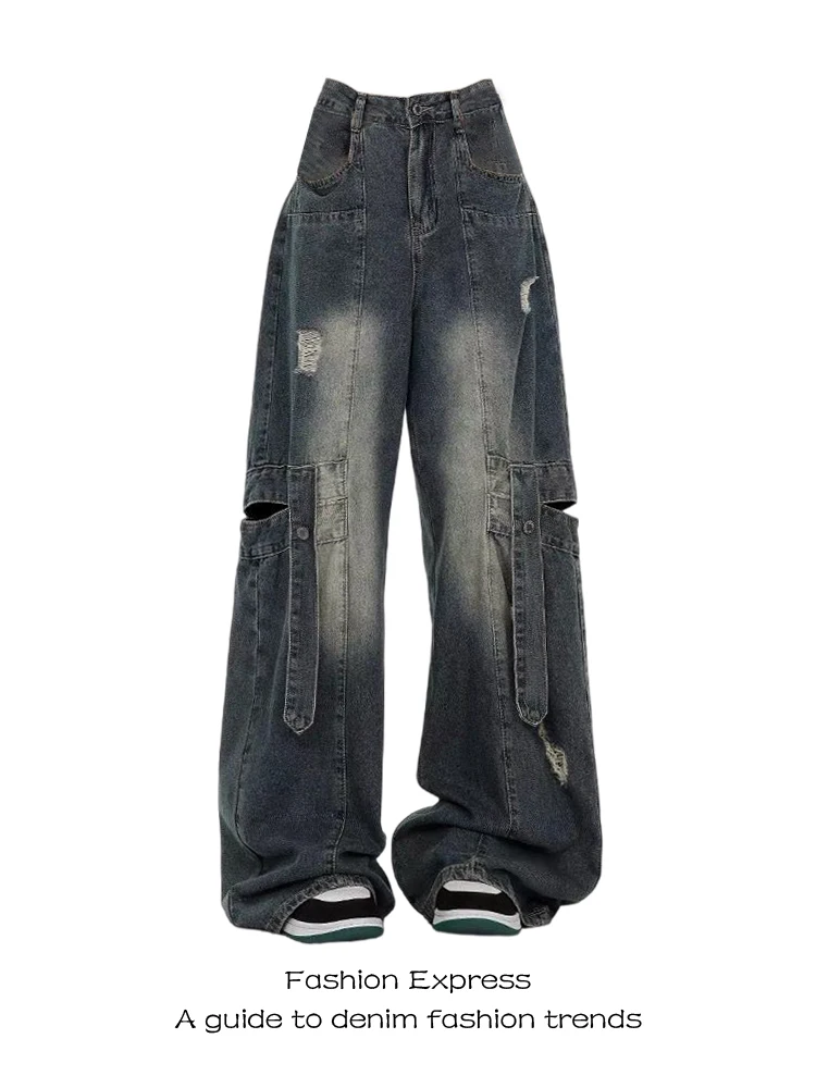

American High Street Vintage Ripped Workwear Jeans Women's Autumn Winter New High Waist Loose Floor-Length Pants