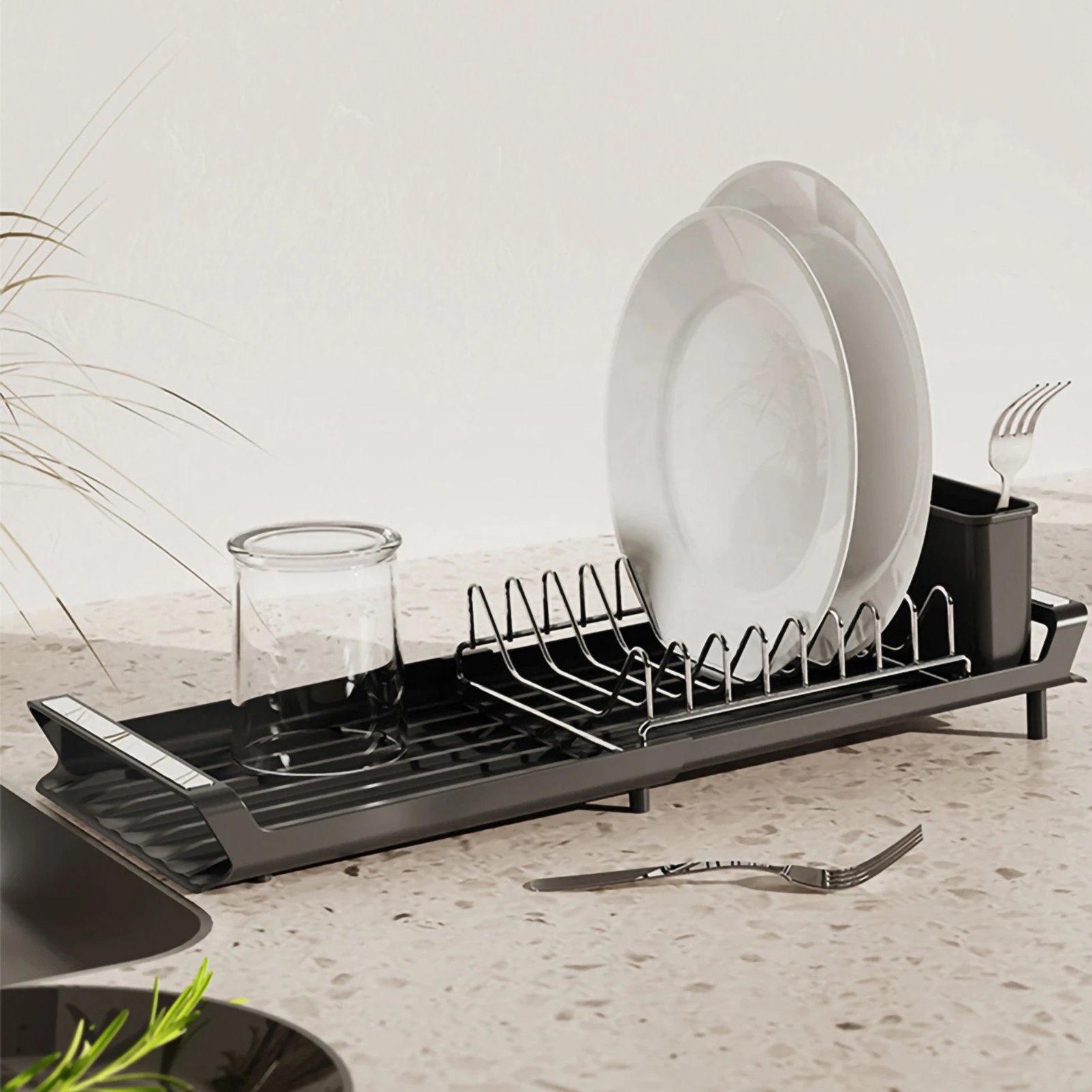 

Kitchen Organizer Dish Drying Rack Extendable Dish Rack With Draining Tray Kitchen Countertop Utensil Knife Fork Storage Holder