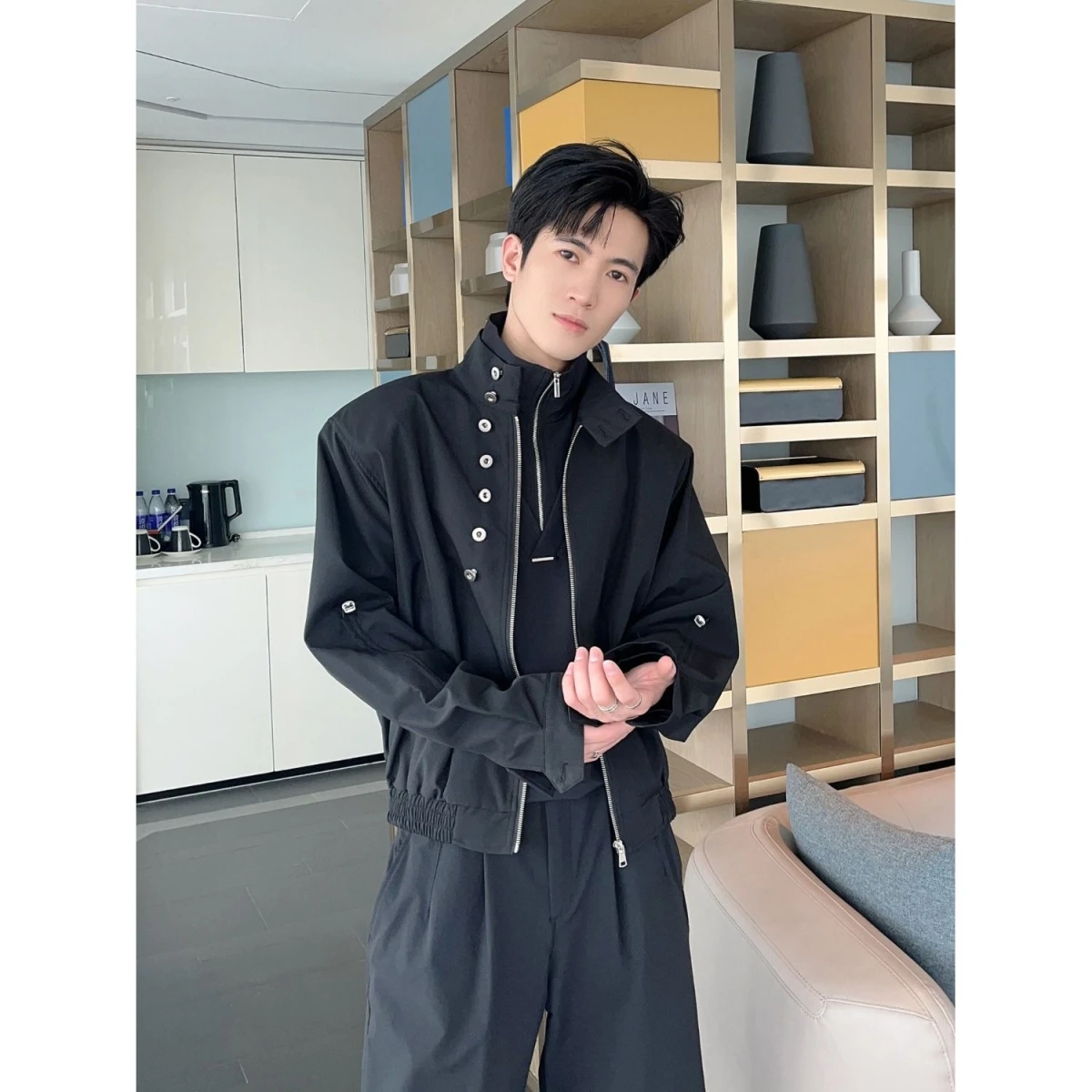 

Мужское весенне-осеннее пальто из полиэфирного волокна с металлическими пуговицами, повседневное модное пальто из полиэфирного волокна