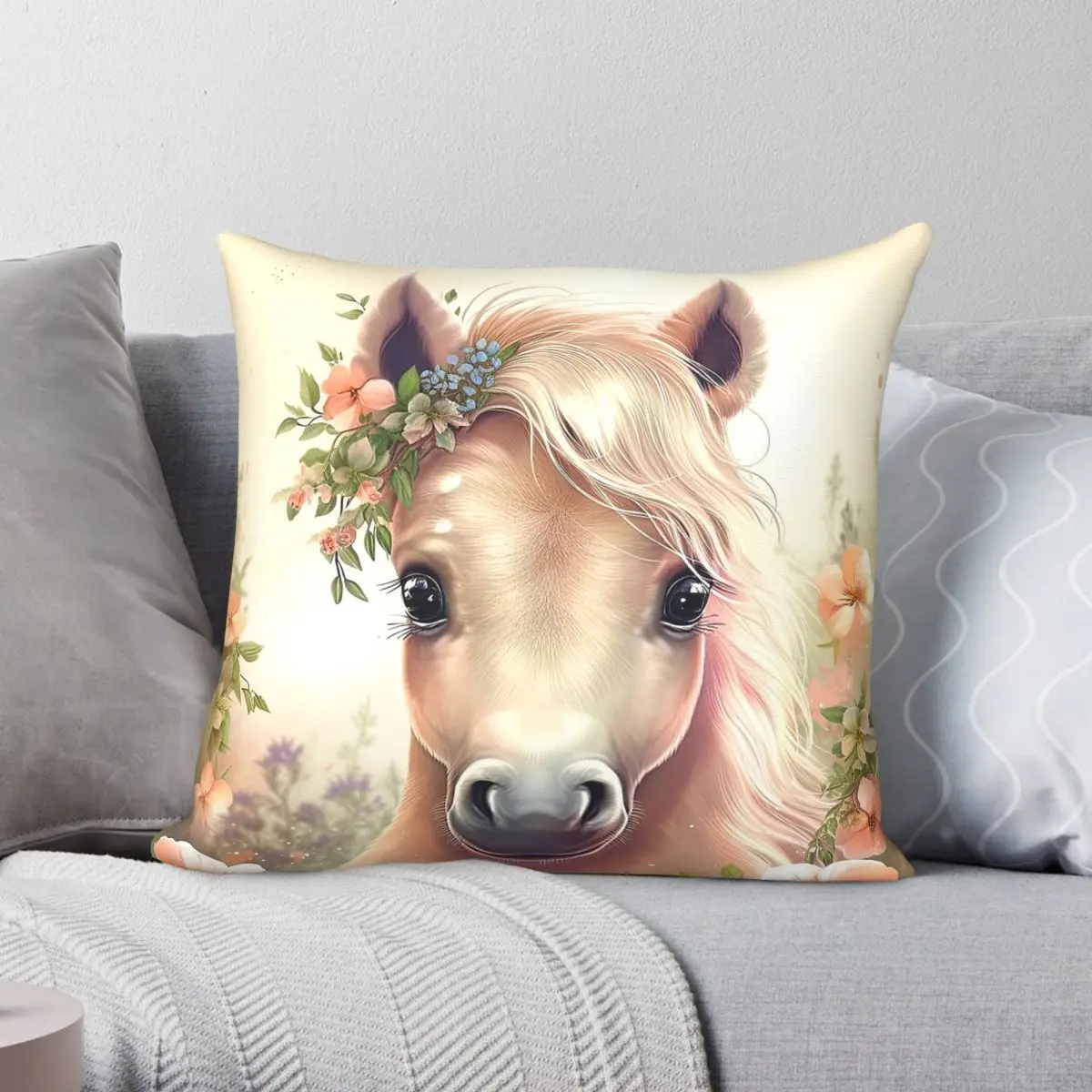 Baby Horse Pony Farm Floral Pillowcase Polyester Linen Velvet Printed Zip Decorative Bed Cushion Cover