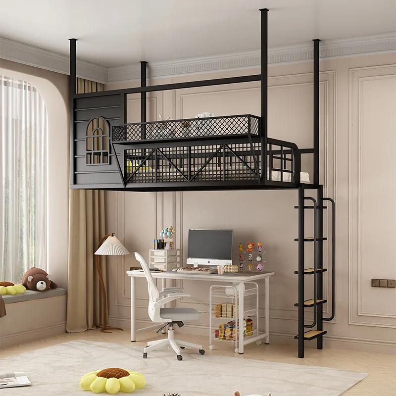 Space saving small apartment wrought iron elevated bed ladder cabinet bed loft apartment duplex second floor hanging