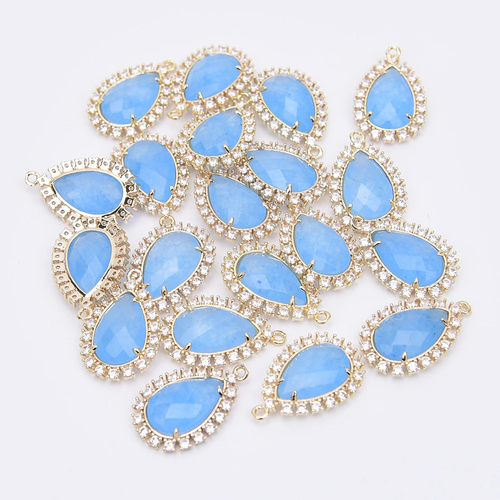 

APDGG 10 Pcs Natural Blue Quartz Stone Teardrop Charms Clear Cz Paved Pendant Necklace Jewelry DIY
