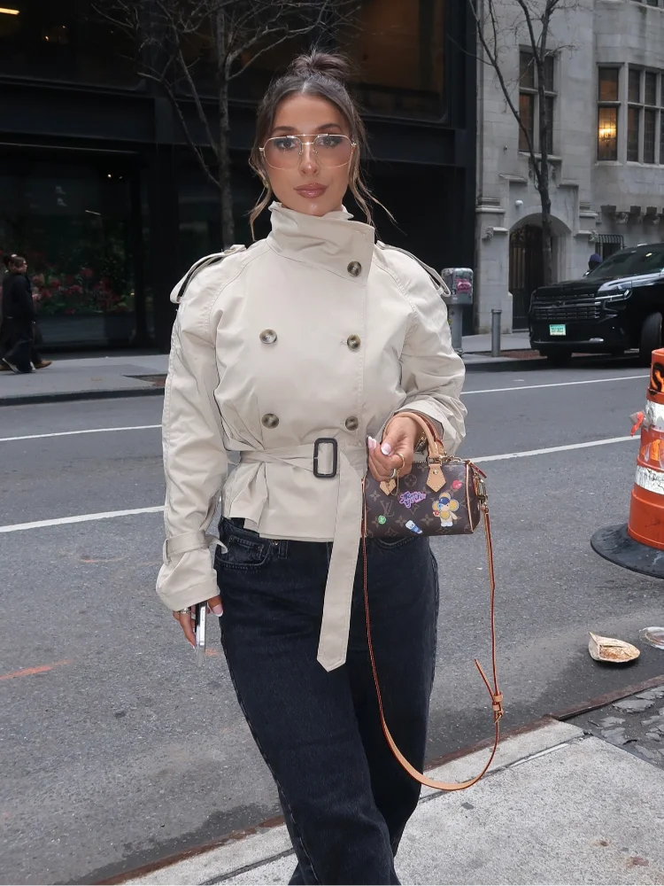 Spring Double Breasted Trench Coats With Belts Women Elegant Stand Collar Long Sleeve Jacket Office Lady Windbreaker Street Tops