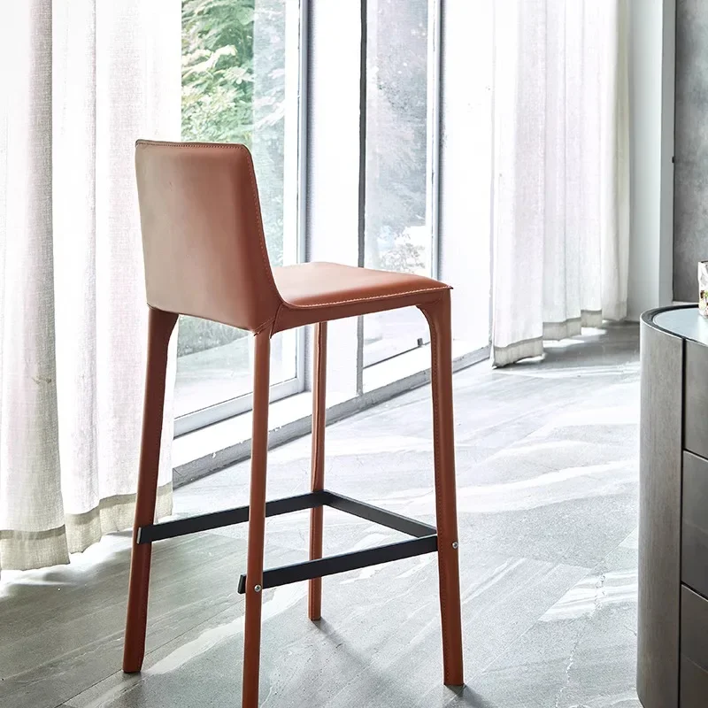 Chaise de Bar de Luxe Légère Italienne, Tabouret à Pieds Hauts, avec Dossier Minimaliste Moderne, en Cuir, pour Salle à Manger