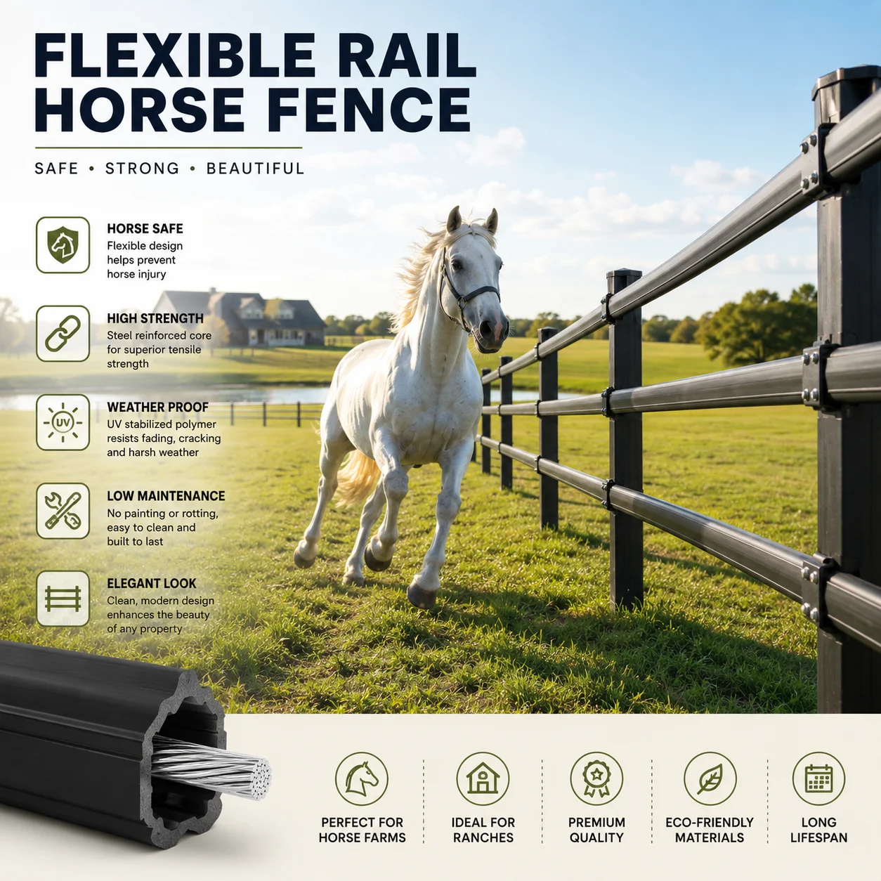 

Premium Flexible Vinyl Horse Fencing Roll For Garden Backyard Ranch Durable Weatherproof Equine Paddock Rail High Visibility