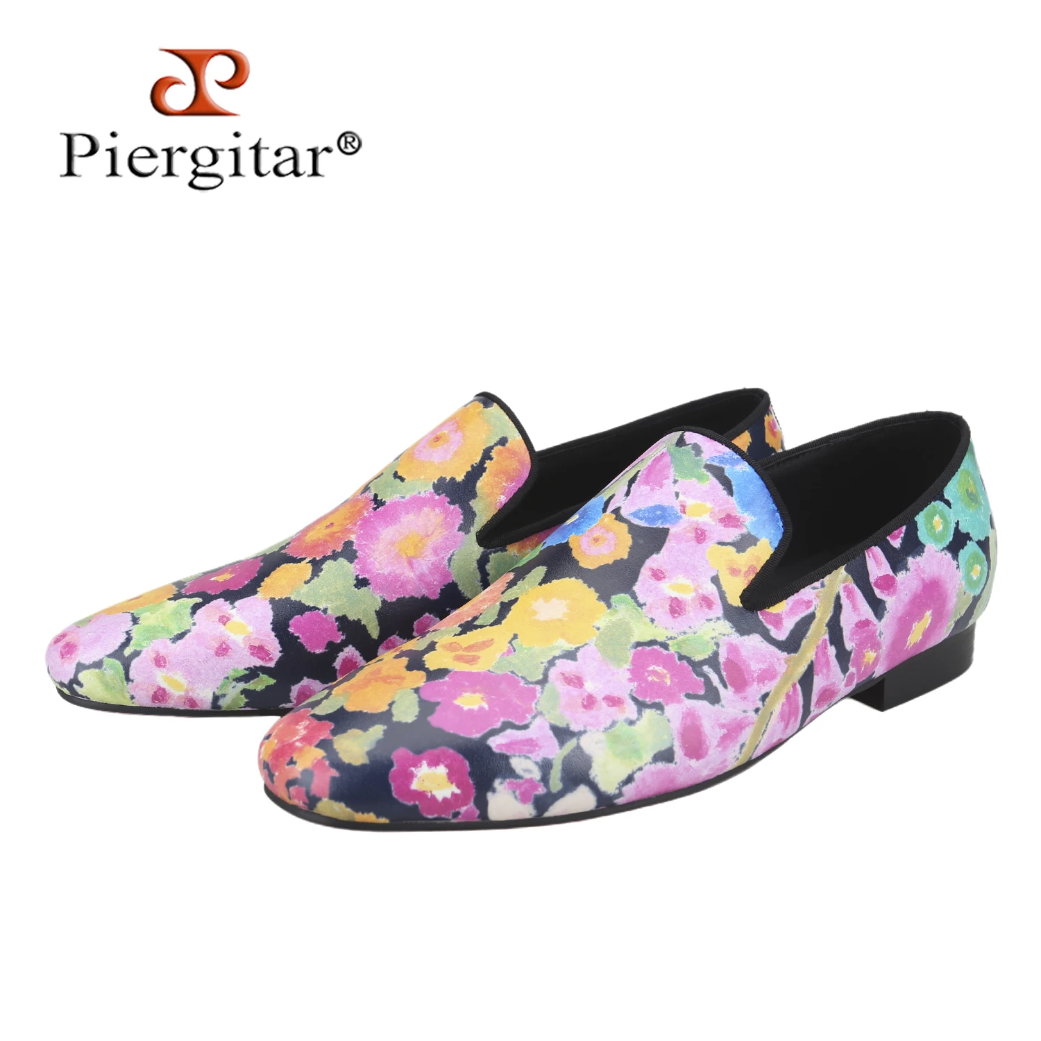 Piergitar Yuppie Style Flowers Batik Cow Leather Fashionable Loafers Pure Handmade Men's Slip-On Shoes Classic Red Color Outsole