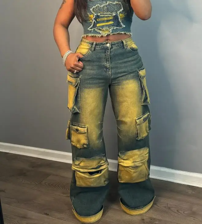 

Women's Jeans Fashion New Denim Three-Dimensional Multi Pocket Pants Hot Selling Jeans Retro Casual Loose Work Pants