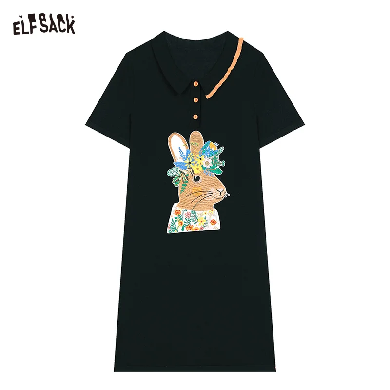 Elfsack 2024 Sommer Neuankömmlinge Polo Kragen niedlichen Kaninchen Print T-Shirt Kleid für Frauen