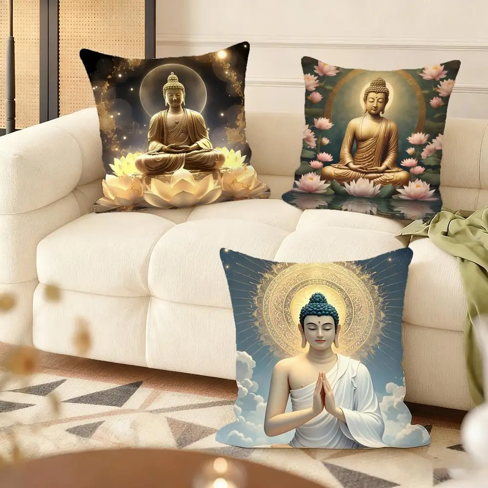 Housse de coussin Bouddha et lotus en peluche courte soyeuse avec fermeture éclair dissimulée, housse de coussin de canapé douce et anti-poussière pour la décoration intérieure