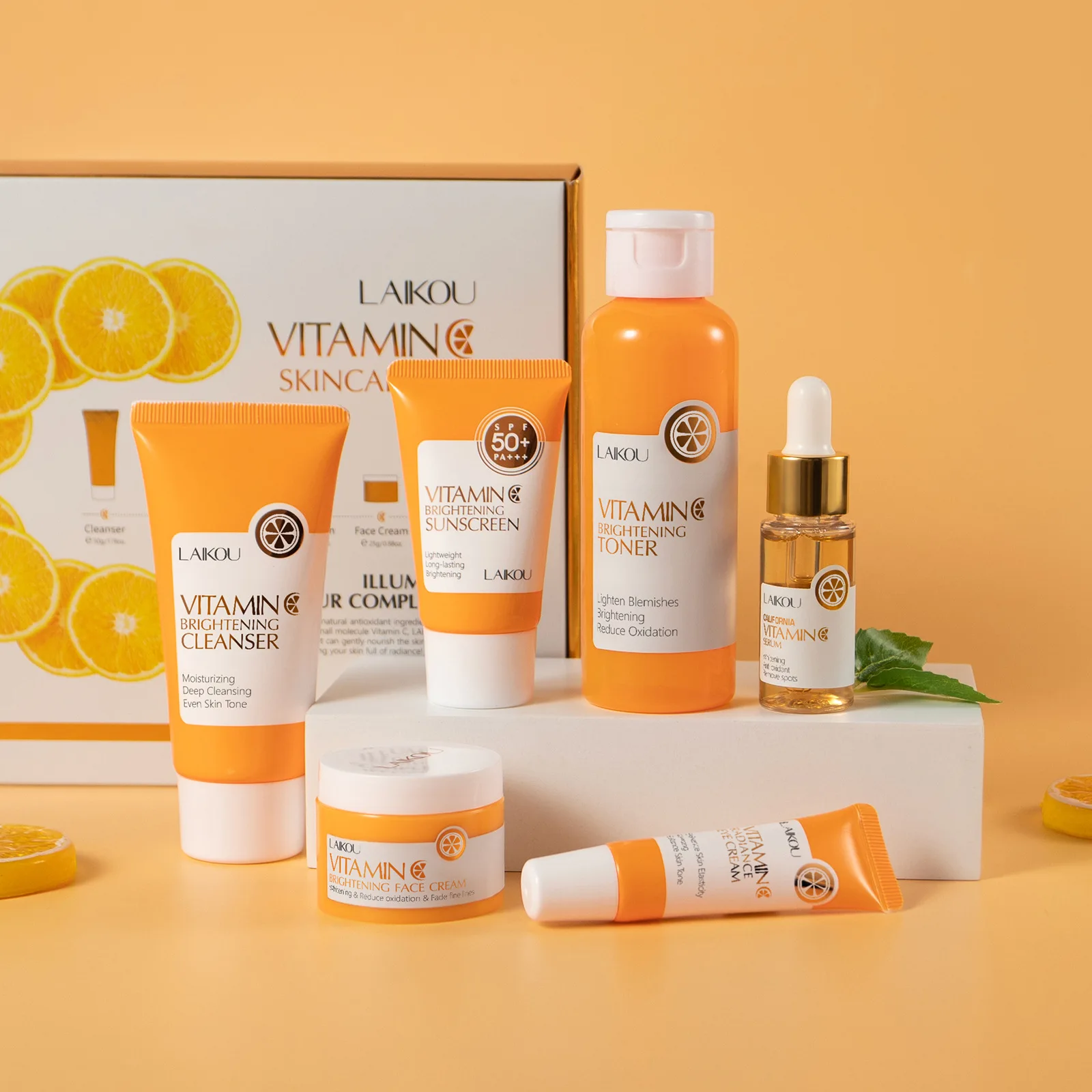 

LAIKOU Japanese Vitamin C Skin Care Set, 6 in 1 Face Kit Cleanser Toner Essence Eye Cream Face Cream Sunscreen
