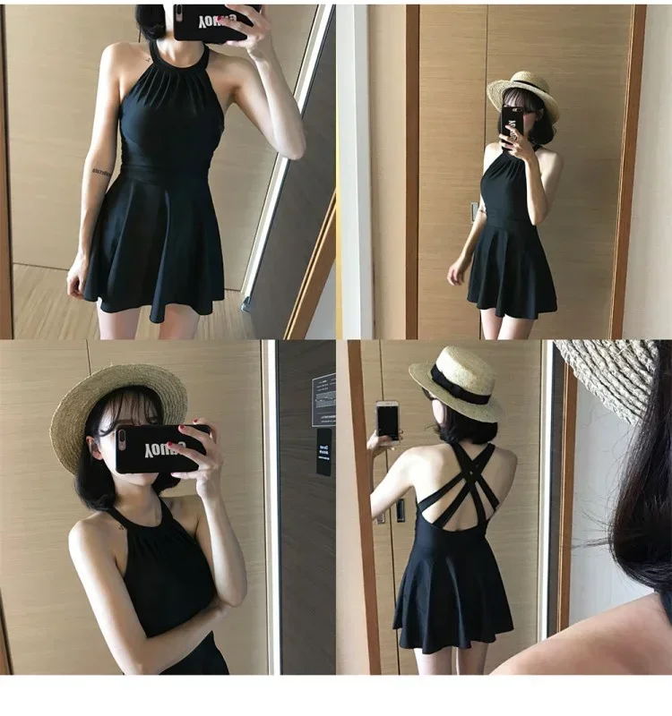 Traje de baño grande negro para mujer, traje de baño conservador de una pieza con falda, estilo ángulo plano, cubierta delgada para el vientre, traje de baño de primavera caliente