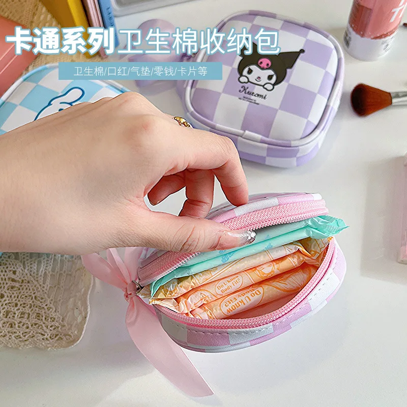 

Cartoon Sanrio Menstrual Pad Organizer Bag Cute Kuromi Melody Cinnamoroll Pu Waterproofing Portability High Volume Cosmetic Bag