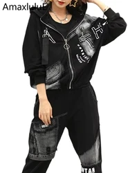 Amax luluE Spring Punk Outfits Fashion Womens 2 Pieces Sets Loose Leisure Hooded Jackets Classic Pants Oversized Fitness Suits