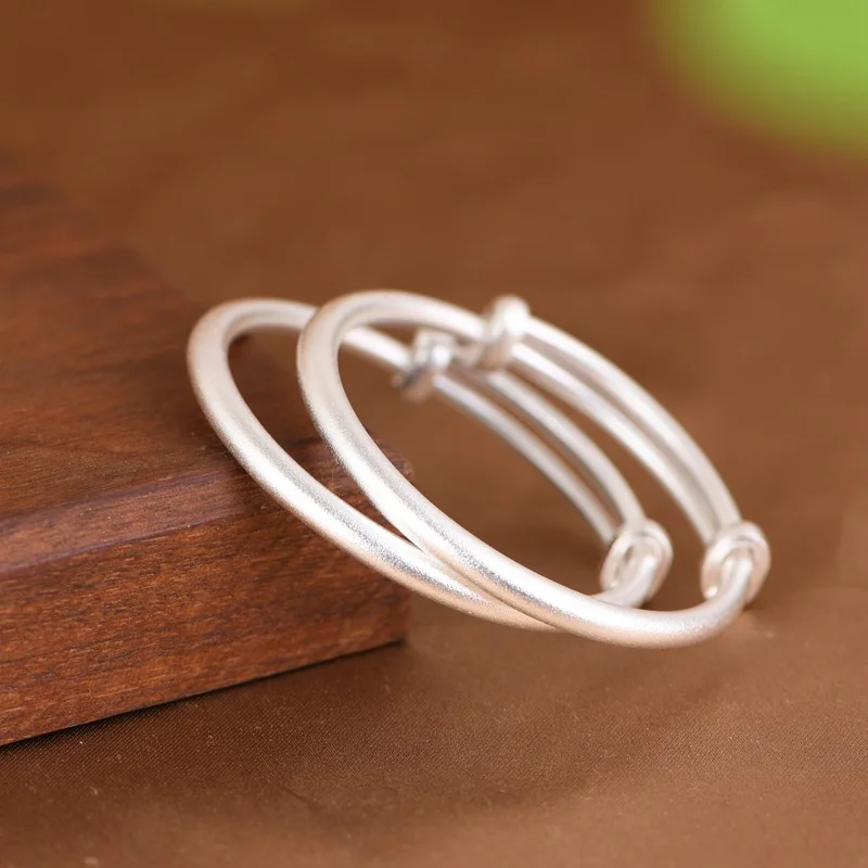 

1pair=2PCS Matte Silver Bangles for Babies Girls Boys Push-pull Adjsutable High Grade Kids Bracelets 999 Silver Children Jewelry