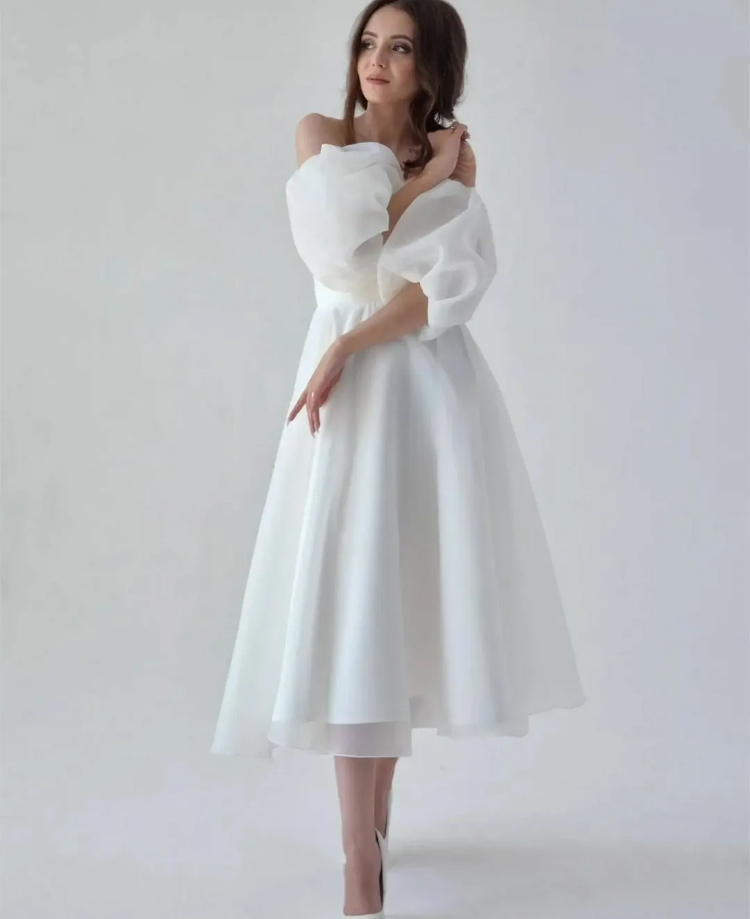 White Strapless Organza Wedding Dresses with Puffy Short Sleeves свадебное платье A Line Tea Length Bridal Gowns