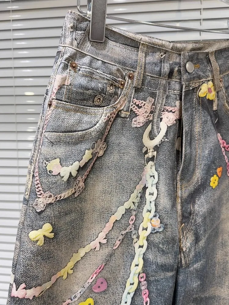 Short en jean d'été pour femmes, pantalon Vintage imprimé de personnalité, longueur aux genoux; Jeans pour femmes, short décontracté Hip Hop, nouveau