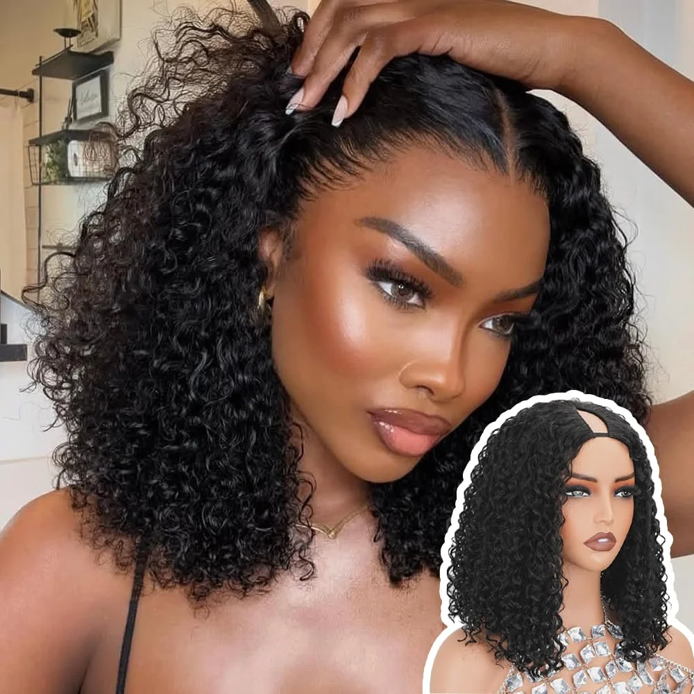 V Part Curly Bob Wig Human Hair 250% Density Upgrade U Part Wig with Drawstring No Leave Out Glueless V Shape Full Head