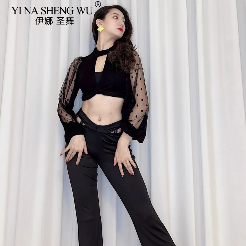 Buikdanskostuum Vrouwen Mesh Garen Modale Lantaarn Mouw Holle Hoge Taille Broek Beginner Prestaties Outfit Oosterse Danskleding