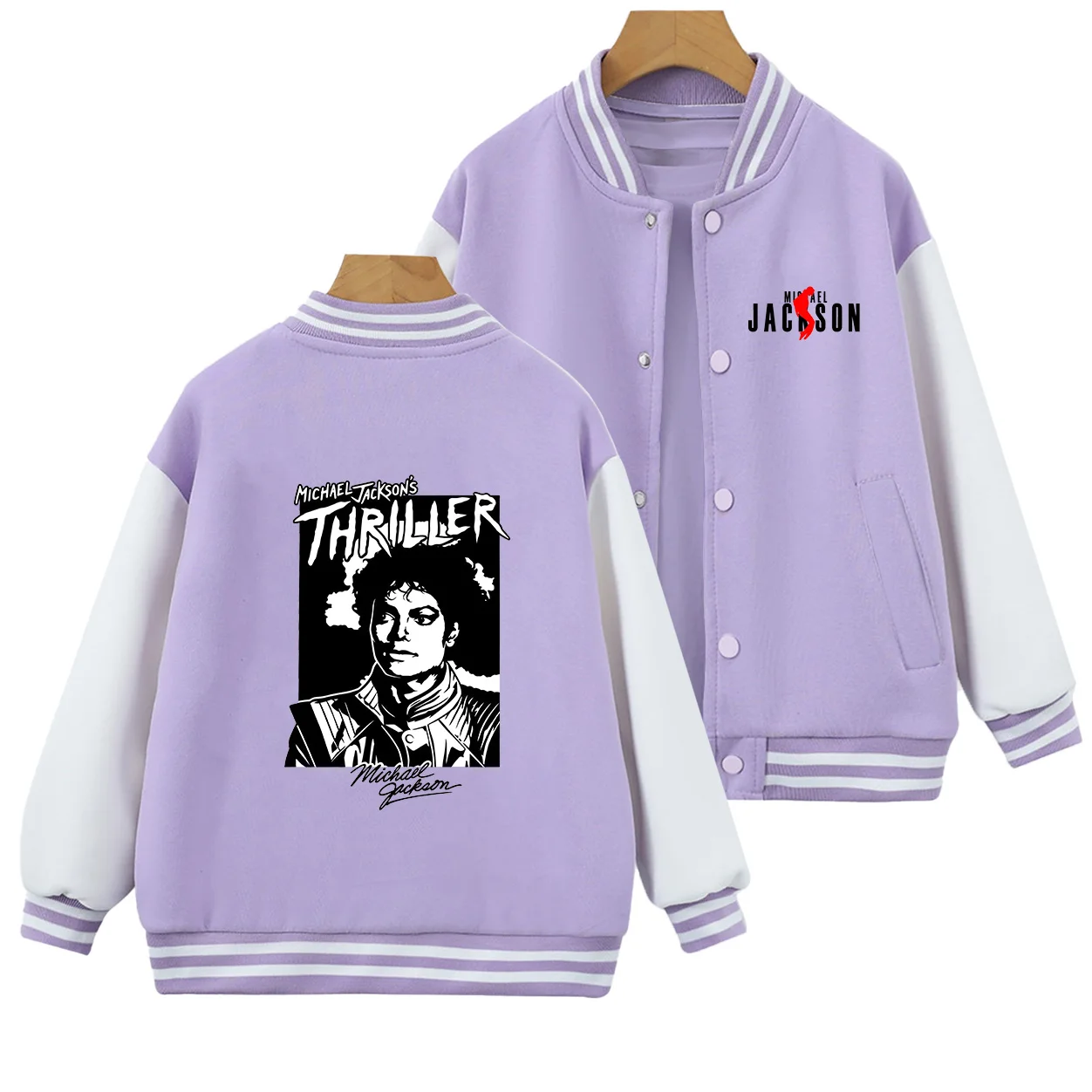 Kids Michael Jackson Thriller Print Baseball Jacket Purple White Contrast Sleeve Boys Girls Long Sleeve Coat Children Casual Top