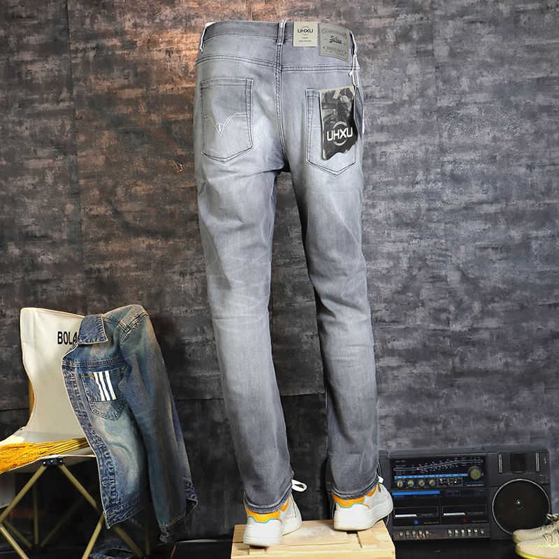 Italian Style Fashion Men Jeans Retro Gray High Quality Stretch Slim Fit Vintage Jeans Men Casual Designer Denim Pants Hombre