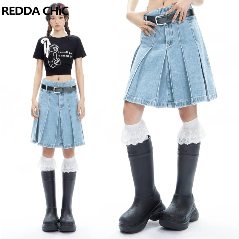 REDDACHiC Classic Knee-long Pleated Skirt Blue Summer New In Women Denim Skirt Midi A-line Fairy Y2k Stylish Minimalist Clothing