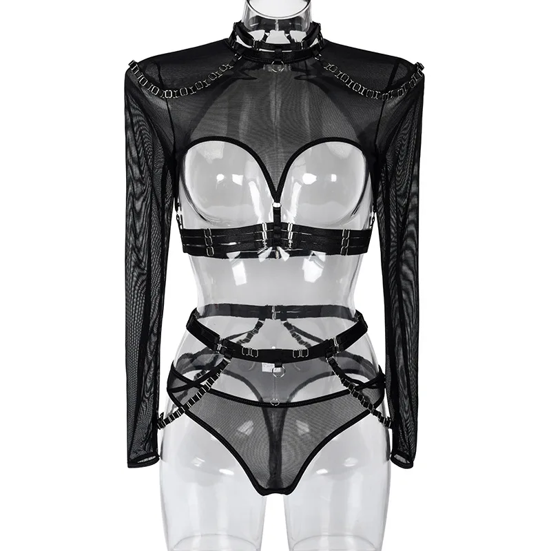 MIRABELLE Gothic Sexy Lingerie Set Woman 4 Piece Long Sleeve Mesh Transparent Erotic Costumes Hollow Out Bra Sex Suit Exotic Set