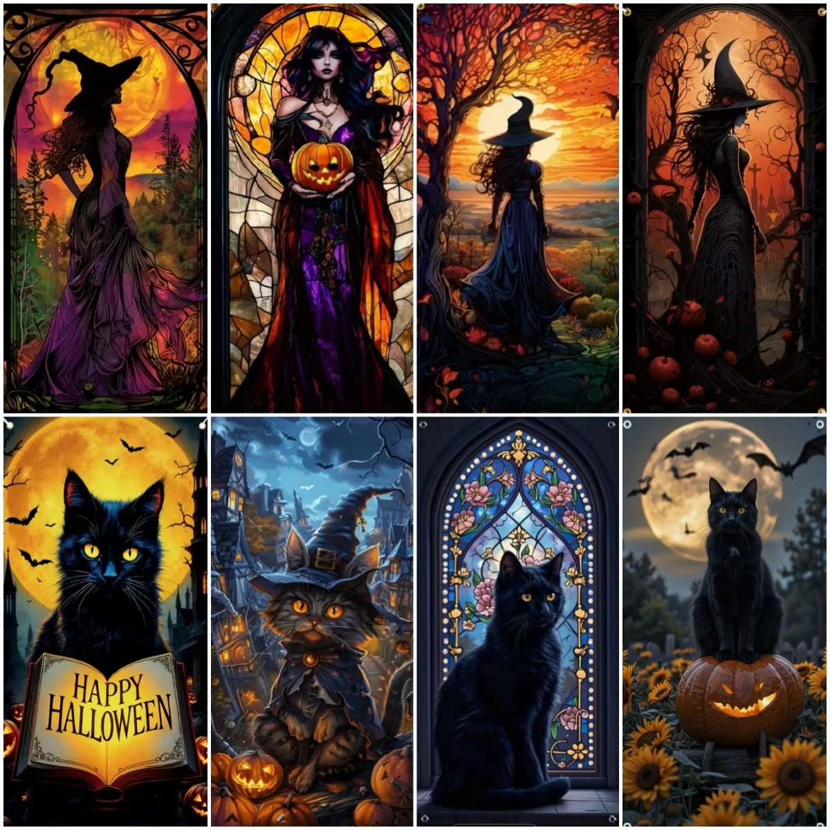 

Halloween Decor Banner Witch Pumpkin Lantern Black Cat Door Cover Background Full Moon Tombstone Backdrop Halloween Party Props