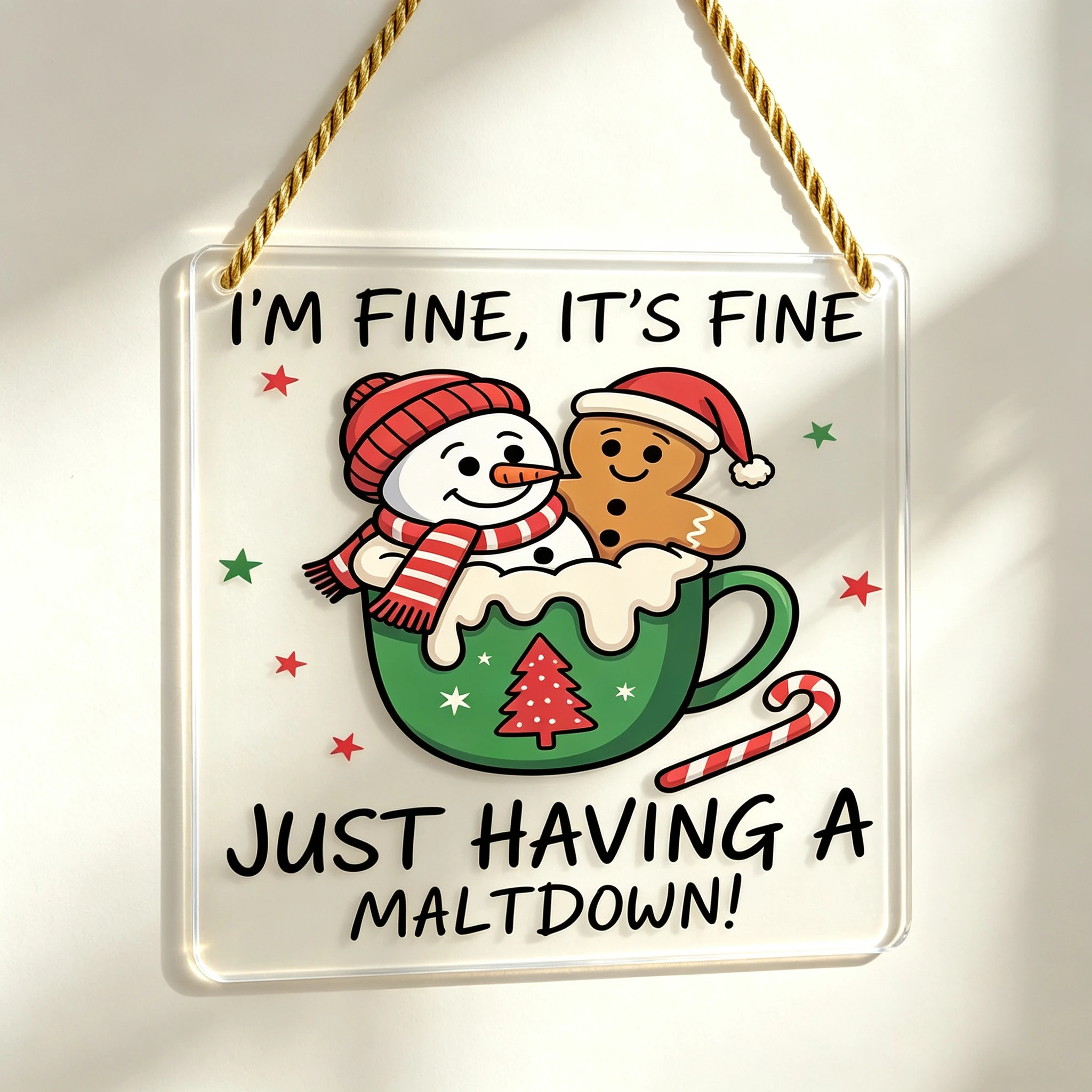 Snowman Gingerbread for Man Cup Ornament with Warm and Inspirational Slogan, Acrylic Ornament with Wooden Base, Paperweight, Office Desk Decoration, Office Desk Supplies, 2D Flat