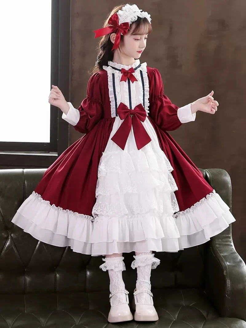 Bambine 2022 nuova primavera estate inghilterra stile Lolita rosso blu principessa per bambini vestito con fiocco in tinta unita per abito da ballo da festa