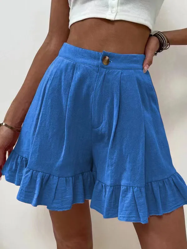 Summer Women's Shorts Buttons High Waist 16 Colors Fashion High Waist Basic Casual Wide-leg Pants