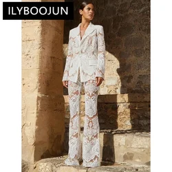 Handmade Mesh Embroidered Sequin Set White New Designer Sequin Suit Coat And Pants Set Two Pieces Blazer Pants Punk Suit