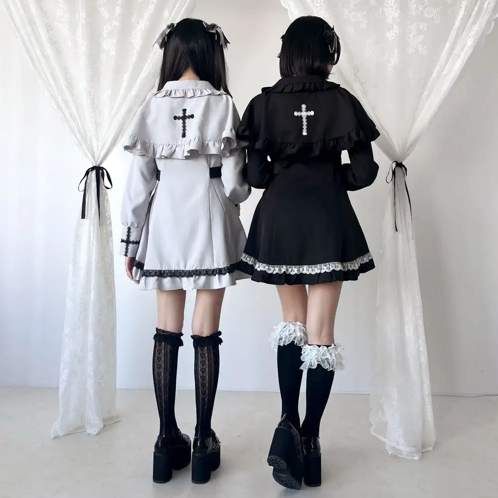 Women's Lolita Dress Womens Japanese Style Cute Sweet Slim Long Sleeve Dress with Cloak Lace Splicing Doll Collar Dress Autumn