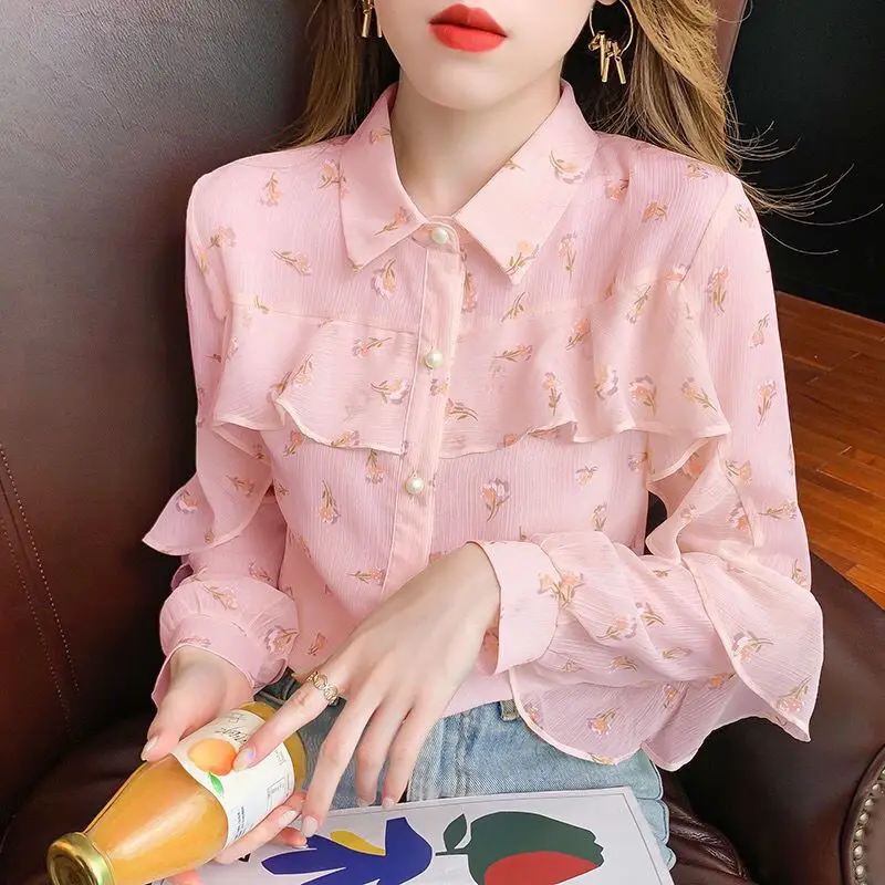 Fashion Printed Spliced Button Ruffles Shirts Women\'s Clothing 2023 Autumn Winter New Loose Korean Tops Sweet Blouses