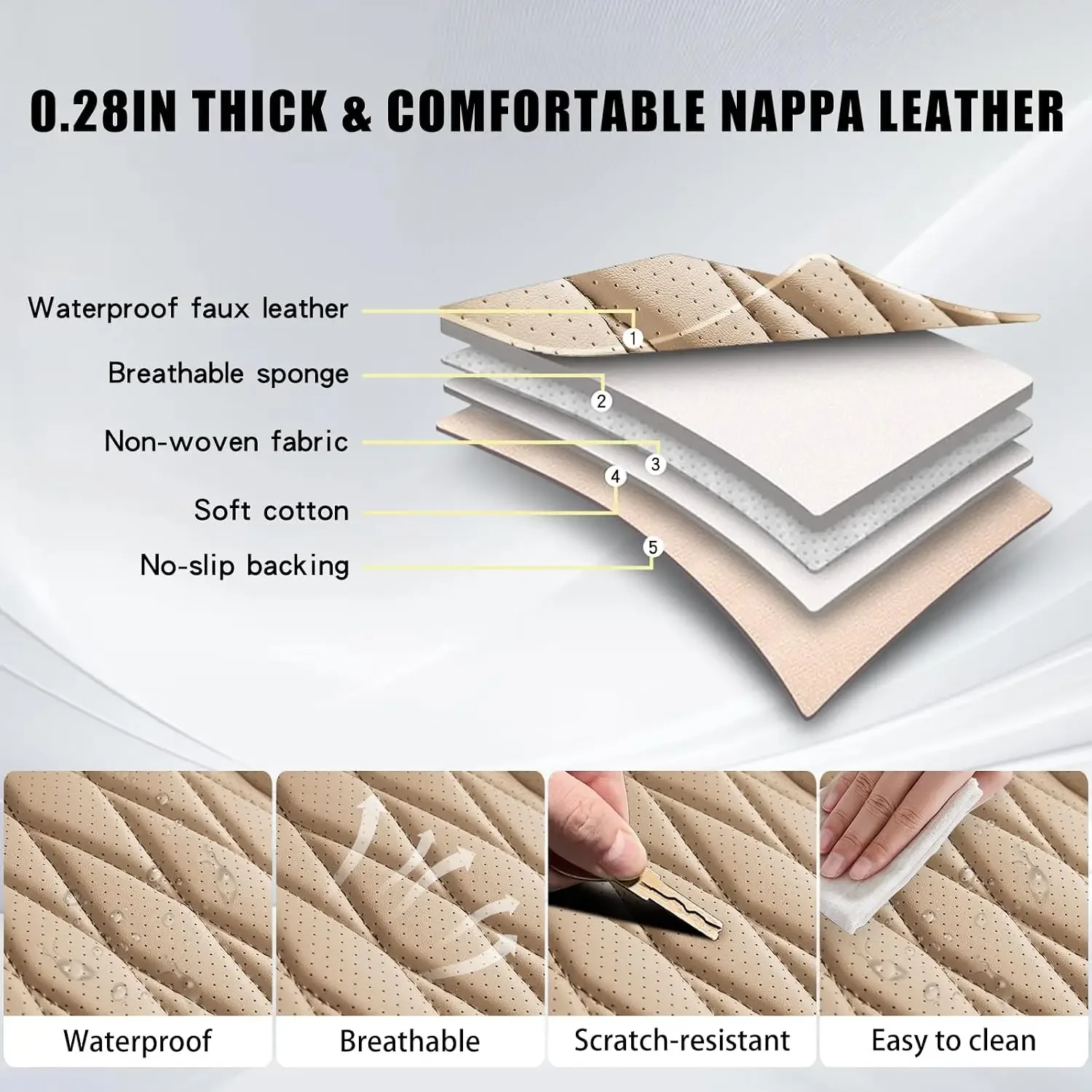 Nappa Faux Leather Car Seat Covers Full Set, 5Seats,Beige | Waterproof, Non-Slip Seat Protector, 0.28in Thickened Cushion