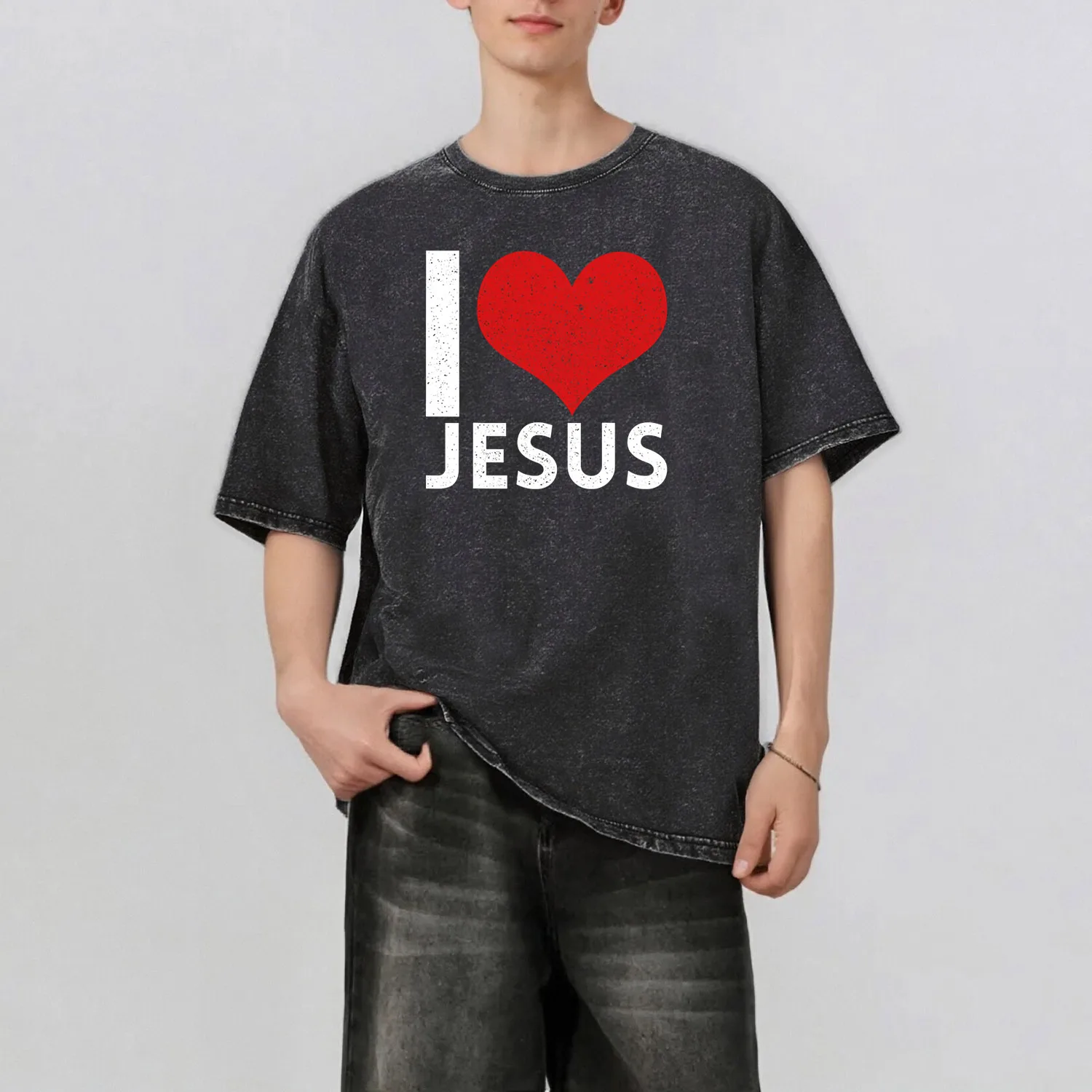 Love Pattern Rint Men's Summer Retro Style Washed Water T-Shirt Casual Short Sleeved Basic Men's Top 230G